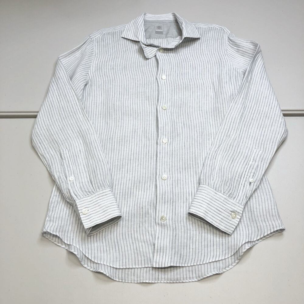 Eleventy Platinum Collection Gray Strip Button Up Linen Shirt Medium